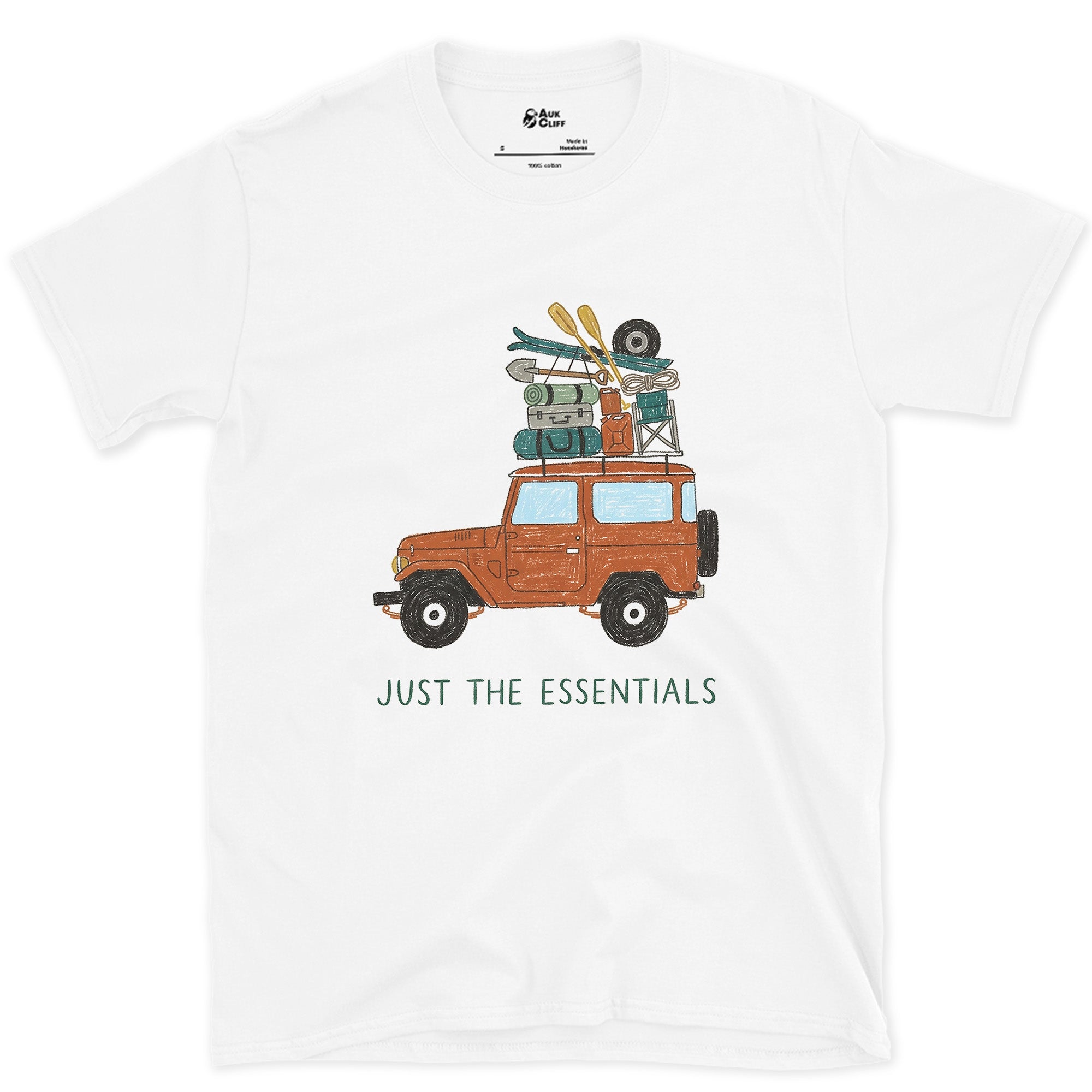 Just the Essentials, 4x4, Skis and a Cooler design on a White Gildan Softstyle t-shirt