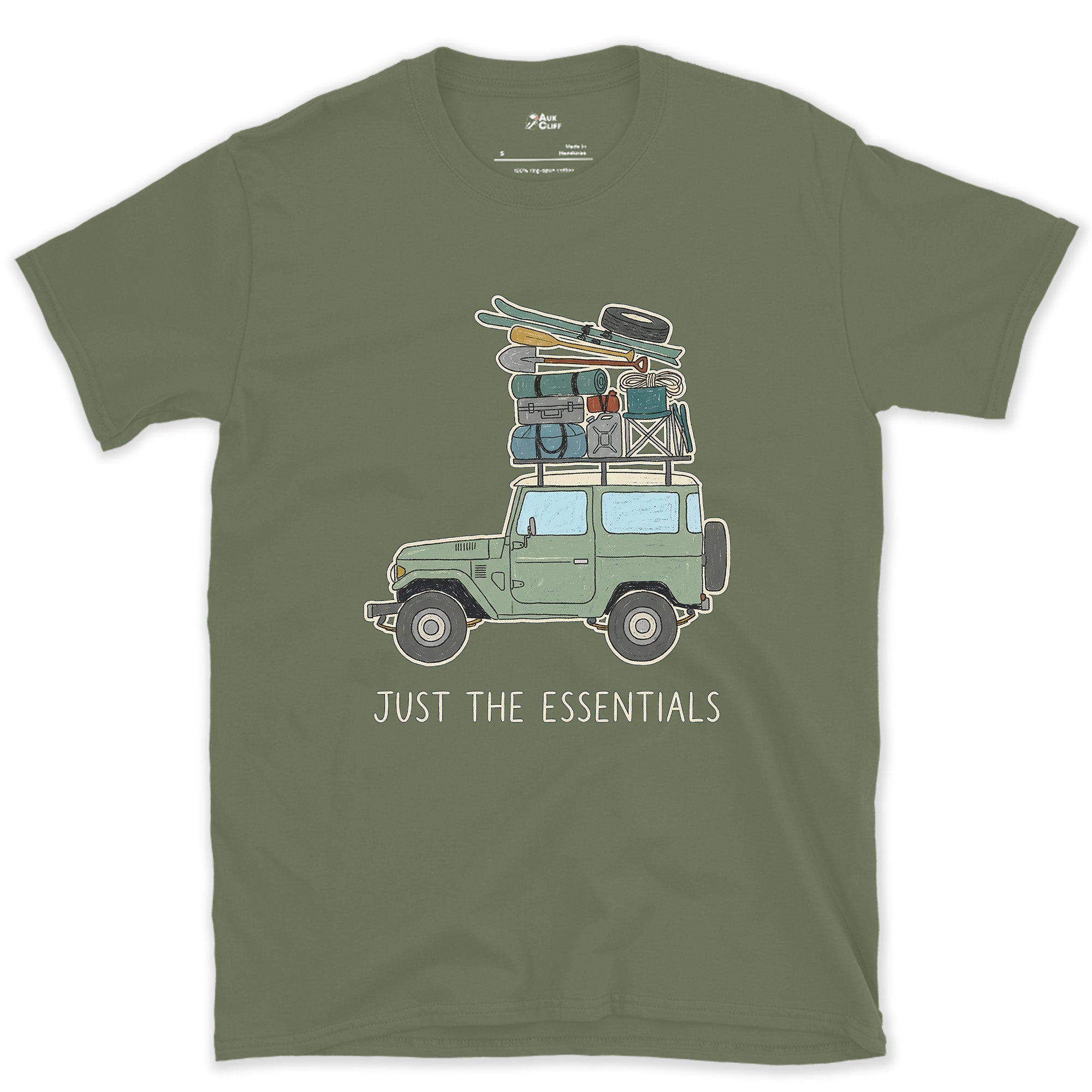 Just the Essentials, 4x4, Two Seasons at Once design on a Military Green Gildan Softstyle t-shirt