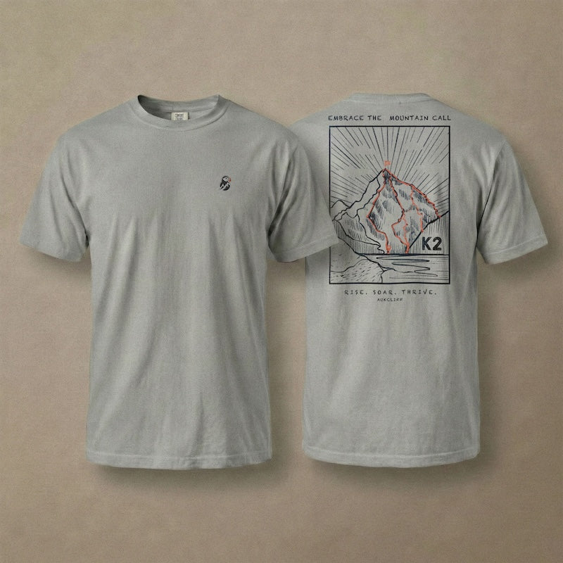 AukCliff K2 tee in Grey, hand-drawn summit-route line art across the back