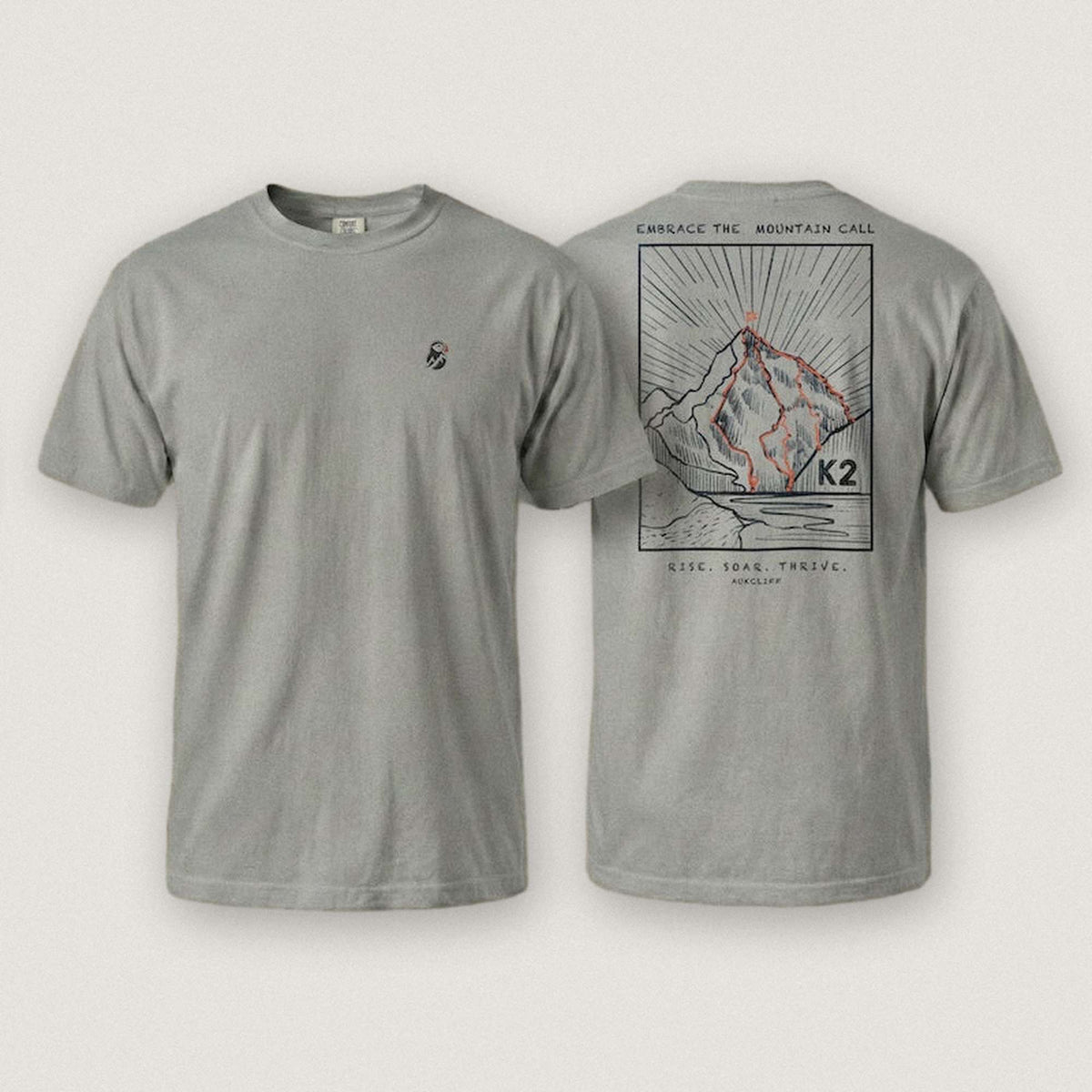 AukCliff K2 tee in Grey, summit-route line art across the back
