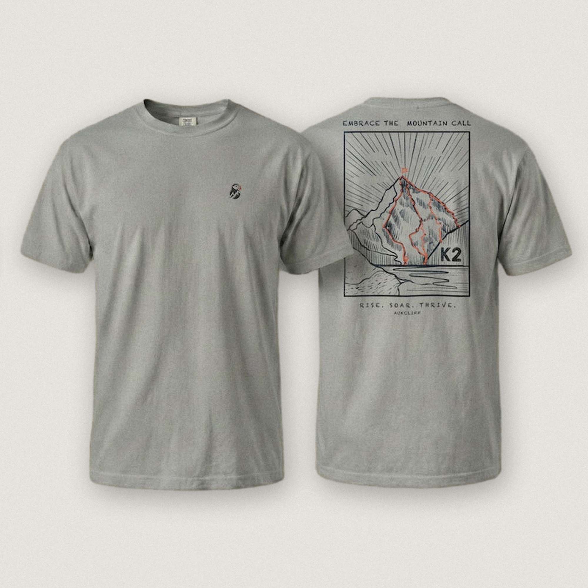 AukCliff K2 tee in Grey, hand-drawn summit-route line art across the back