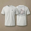 AukCliff K2 tee in White, hand-drawn summit-route line art across the back