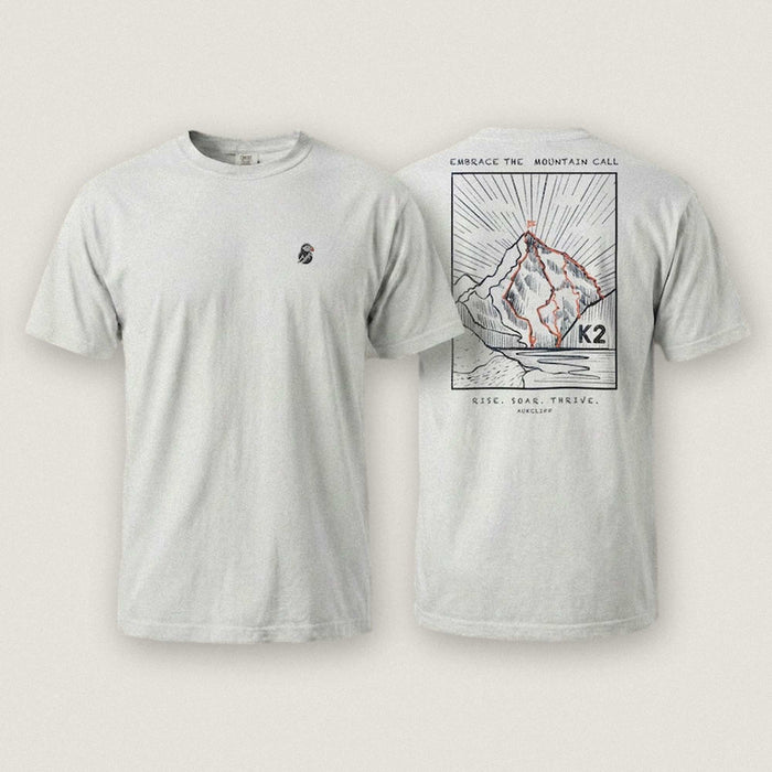AukCliff K2 tee in White, summit-route line art across the back
