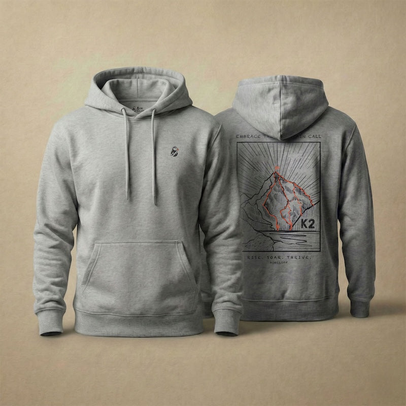 AukCliff K2 hoodie in Carbon Grey, hand-drawn summit-route line art across the back