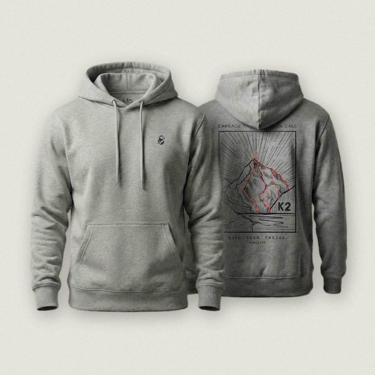 AukCliff K2 hoodie in Carbon Grey, summit-route line art across the back