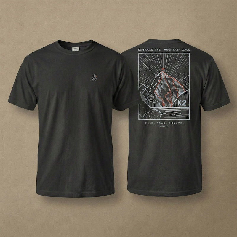 AukCliff K2 tee in Black, hand-drawn summit-route line art across the back