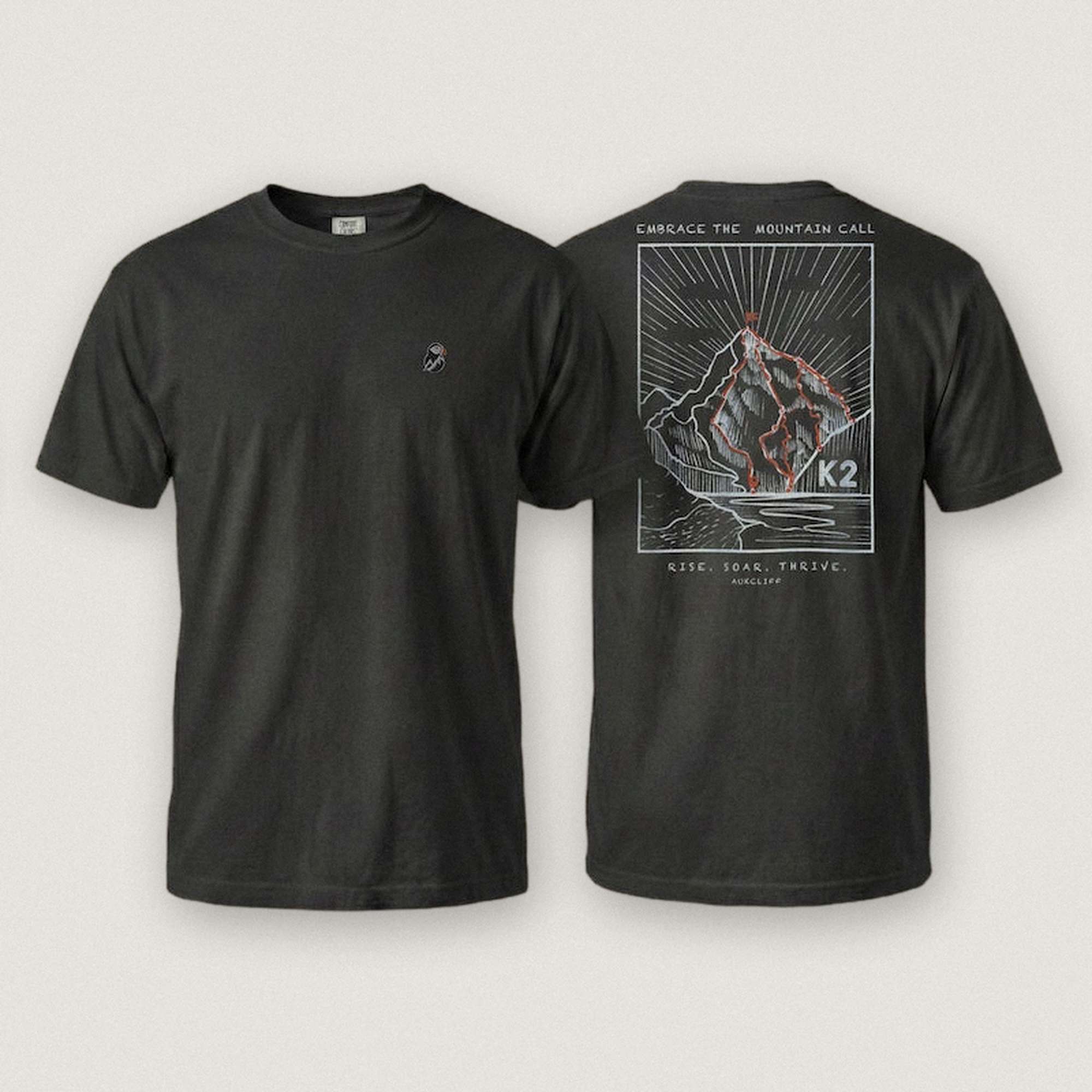 AukCliff K2 tee in Black, hand-drawn summit-route line art across the back