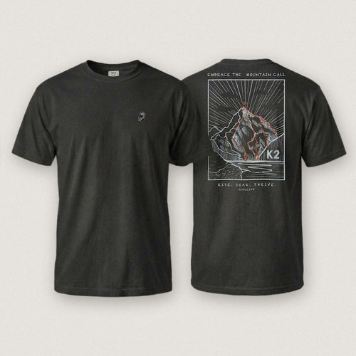 AukCliff K2 tee in Black, summit-route line art across the back