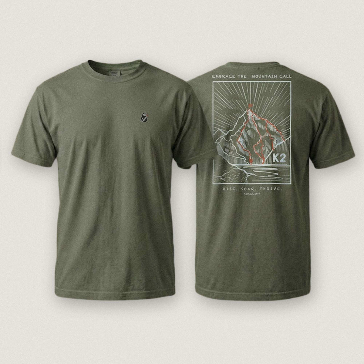 AukCliff K2 tee in Blue Jean, summit-route line art across the back