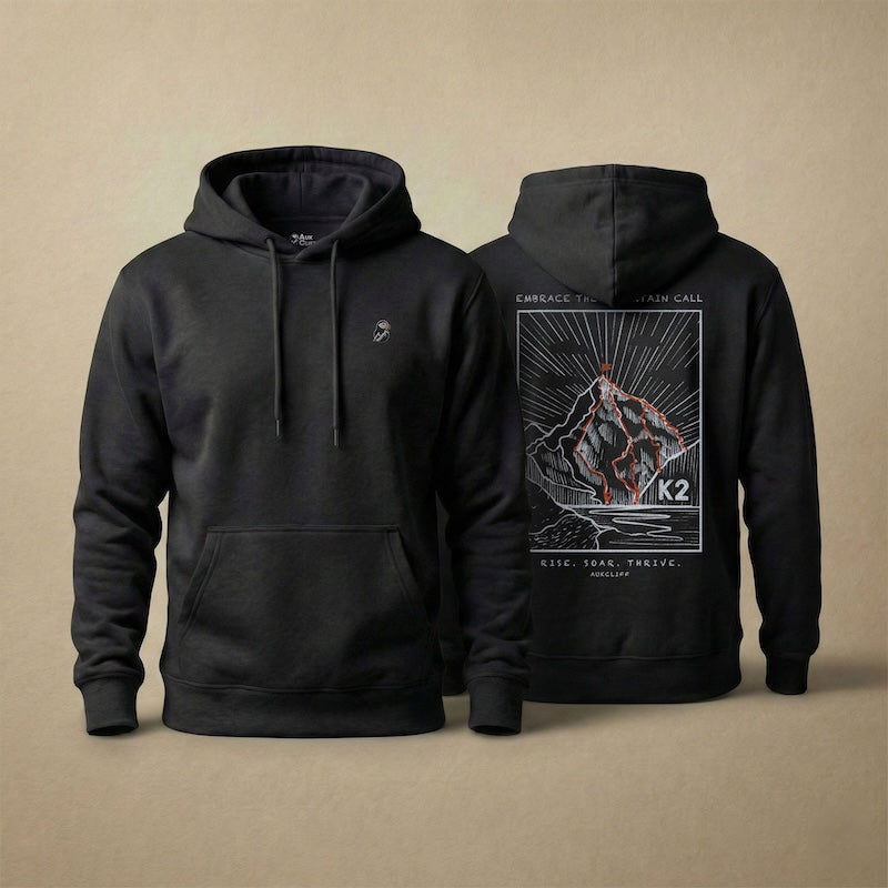 AukCliff K2 hoodie in Black, hand-drawn summit-route line art across the back