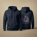 AukCliff K2 hoodie in Navy, hand-drawn summit-route line art across the back