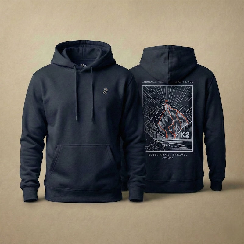 AukCliff K2 hoodie in Navy, hand-drawn summit-route line art across the back