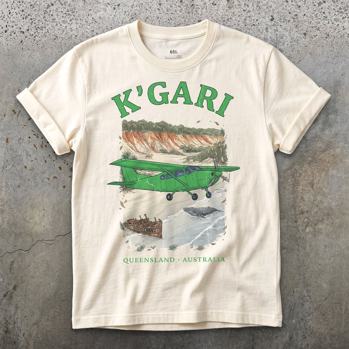 K'gari Bush Plane design on a Natural Gildan Softstyle t-shirt