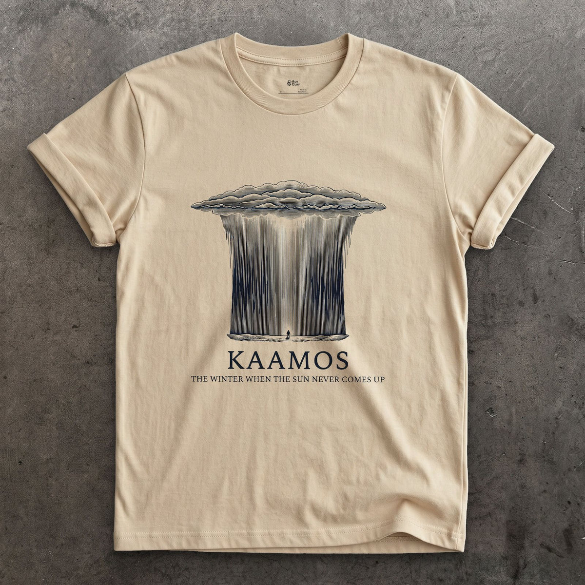 Kaamos, the Winter When the Sun Never Comes Up design on a Sand Gildan Softstyle t-shirt