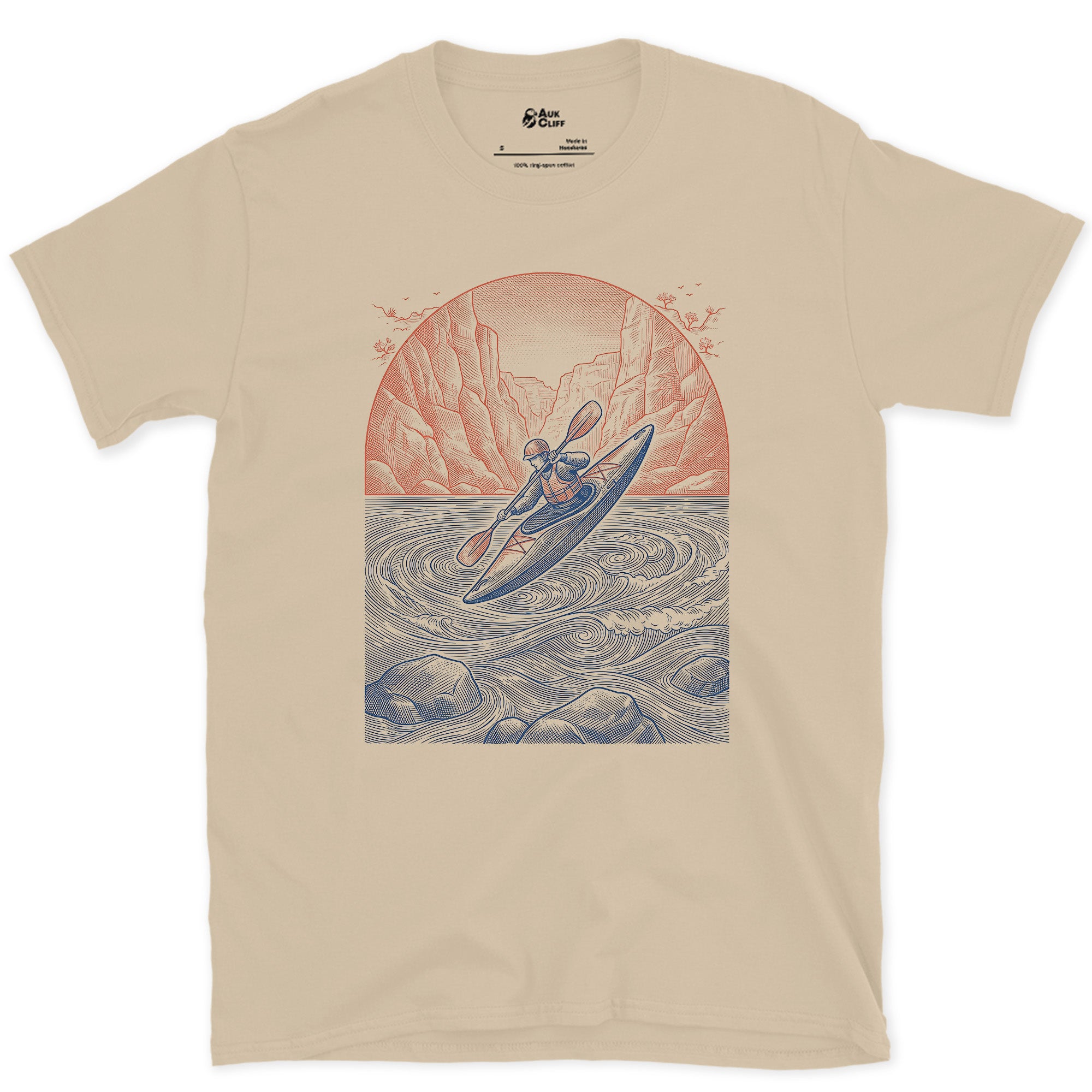 Time the Tide Right, Kayaker at Sunset design on a Sand Gildan Softstyle t-shirt