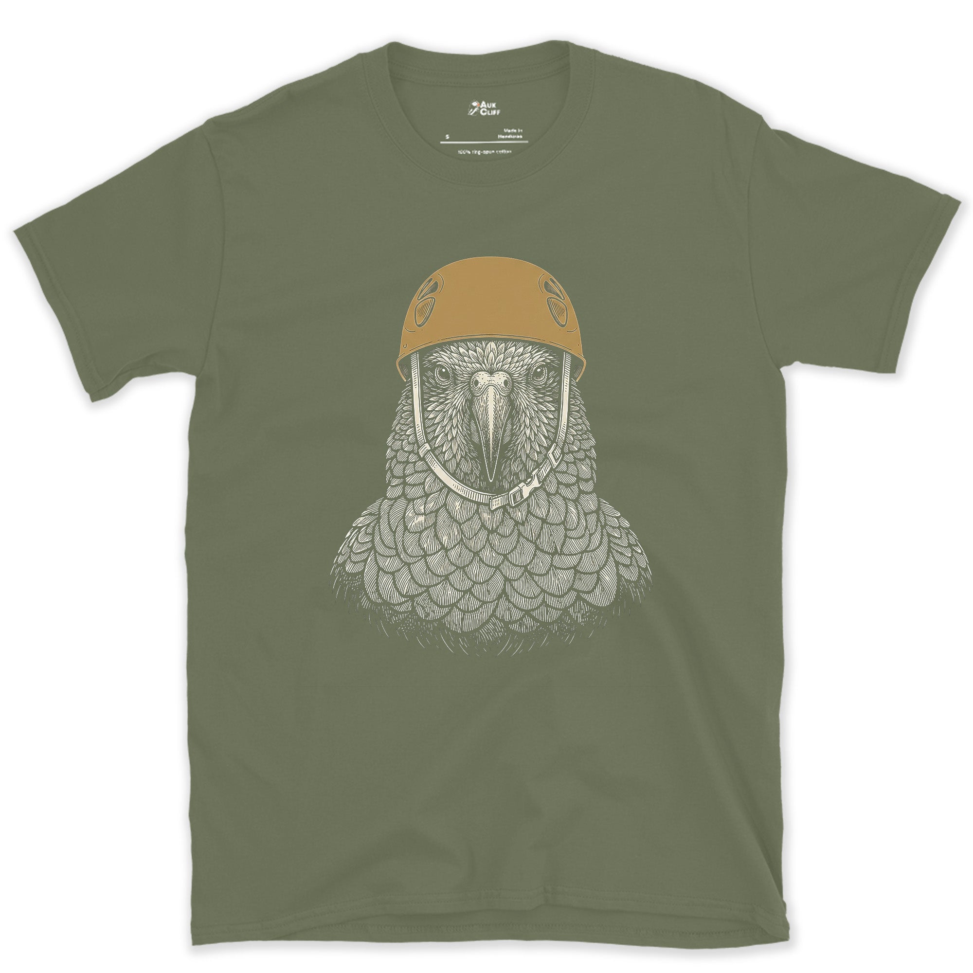 Alpine Kea Parrot design on a Military Green Gildan Softstyle t-shirt
