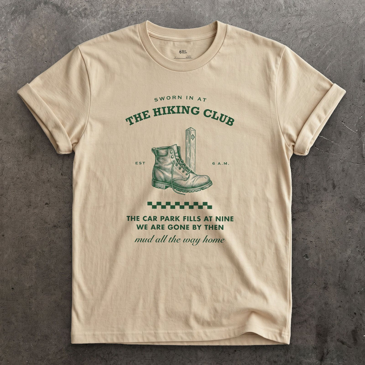 Car Park Fills at Nine, We're Gone by Then design on a Sand Gildan Softstyle t-shirt