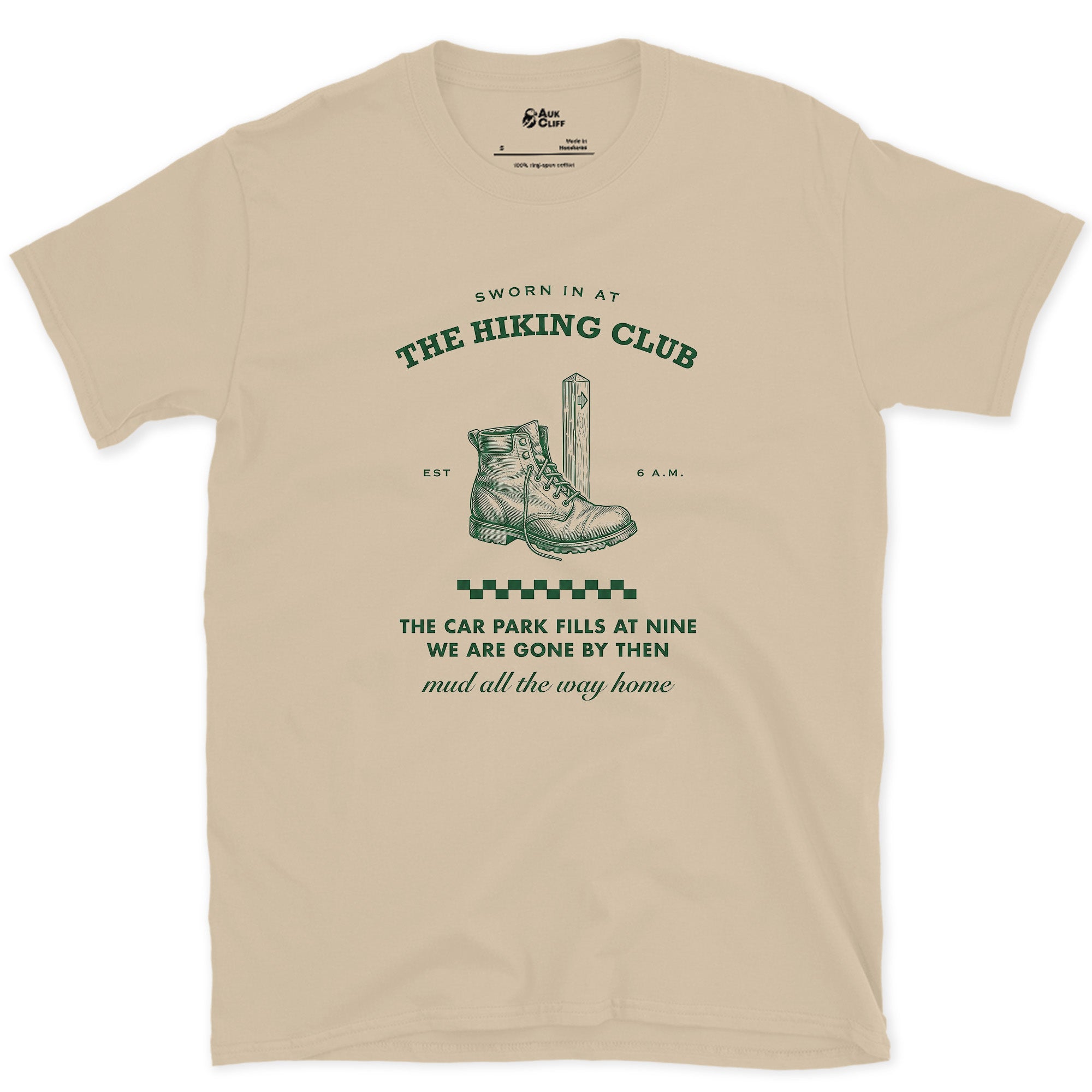 Car Park Fills at Nine, We're Gone by Then design on a Sand Gildan Softstyle t-shirt