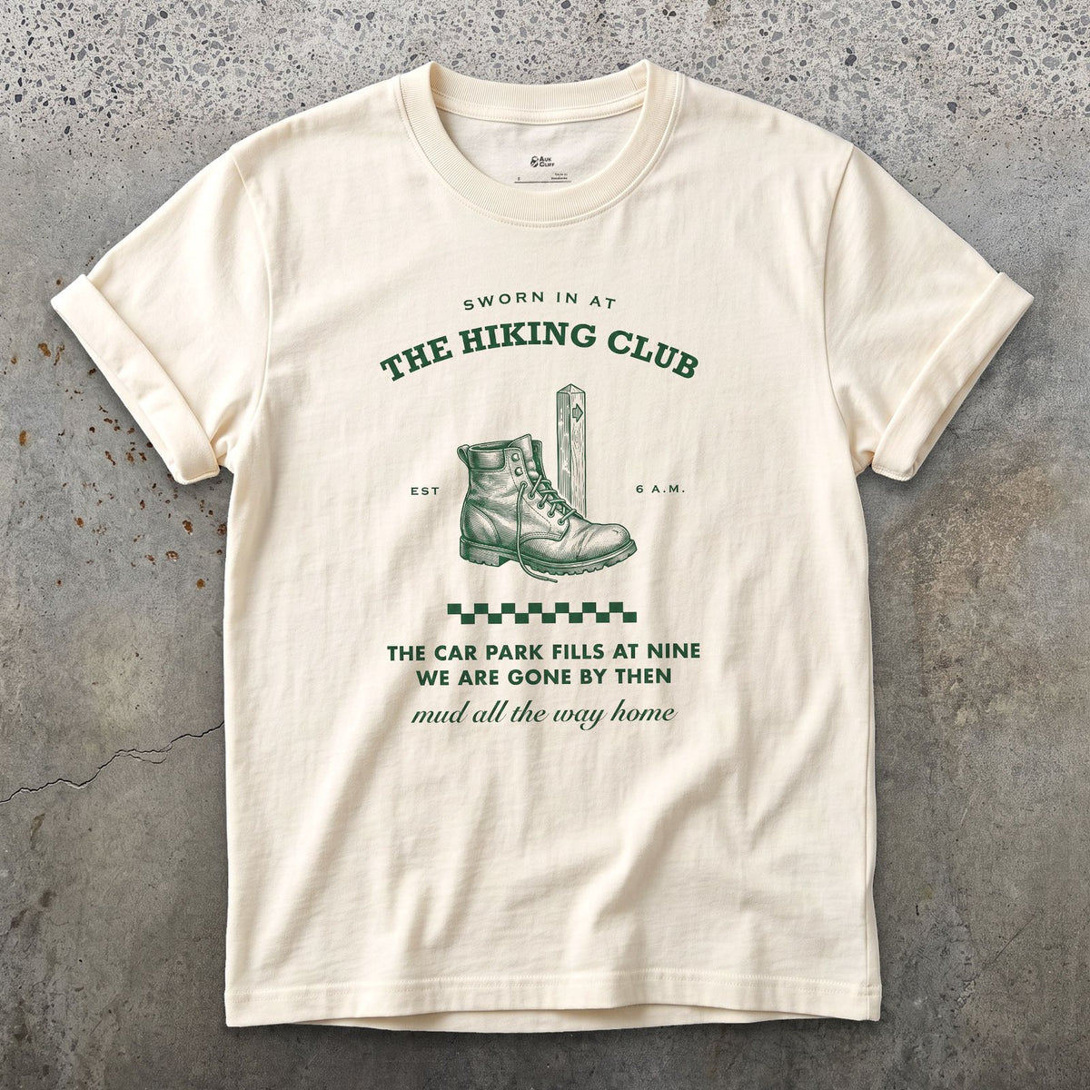 Car Park Fills at Nine, We're Gone by Then design on a Natural Gildan Softstyle t-shirt