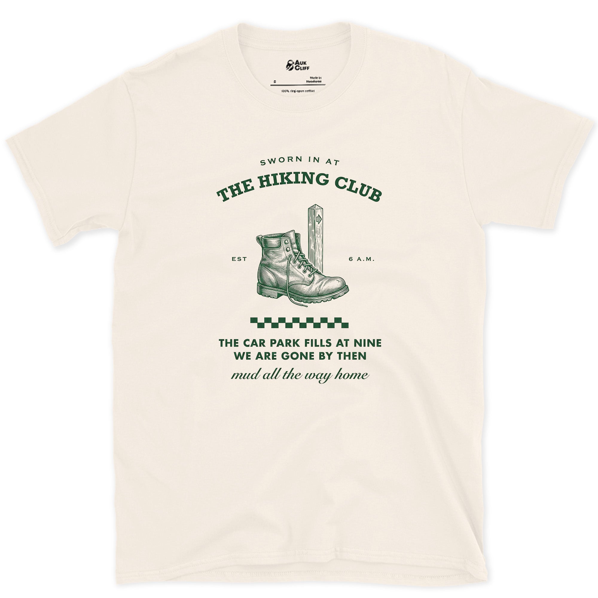 Car Park Fills at Nine, We're Gone by Then design on a Natural Gildan Softstyle t-shirt