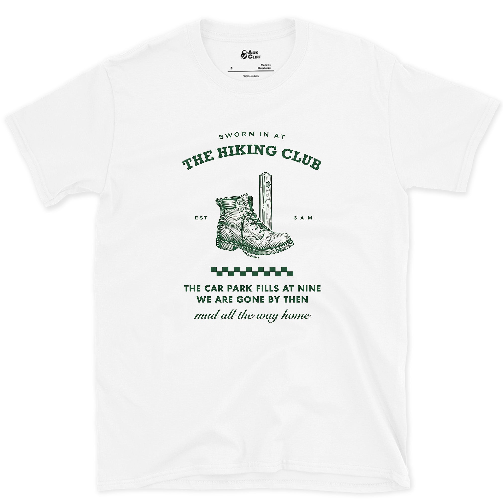 Car Park Fills at Nine, We're Gone by Then design on a White Gildan Softstyle t-shirt