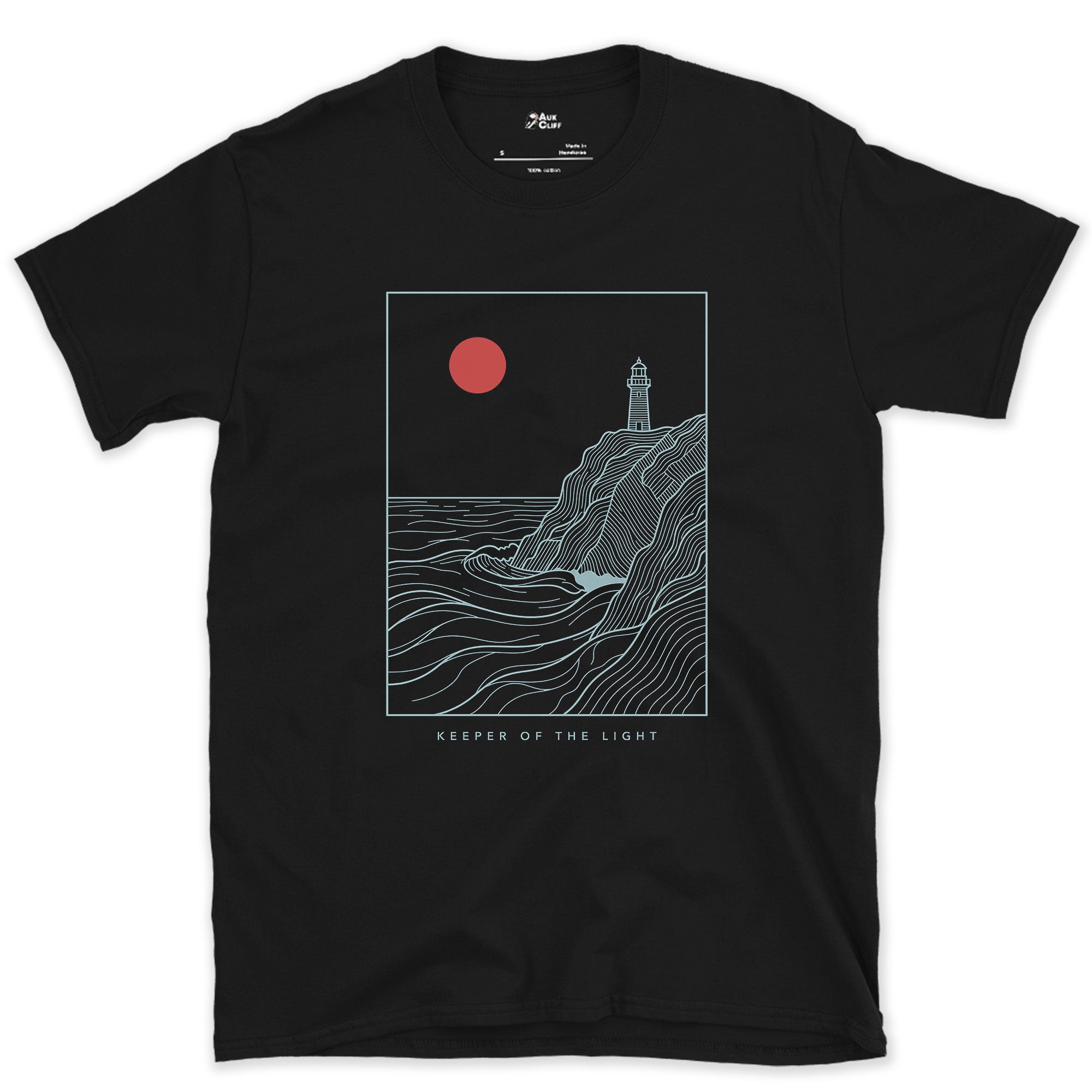 Keeper of the Light, Coastal Headland design on a Black Gildan Softstyle t-shirt