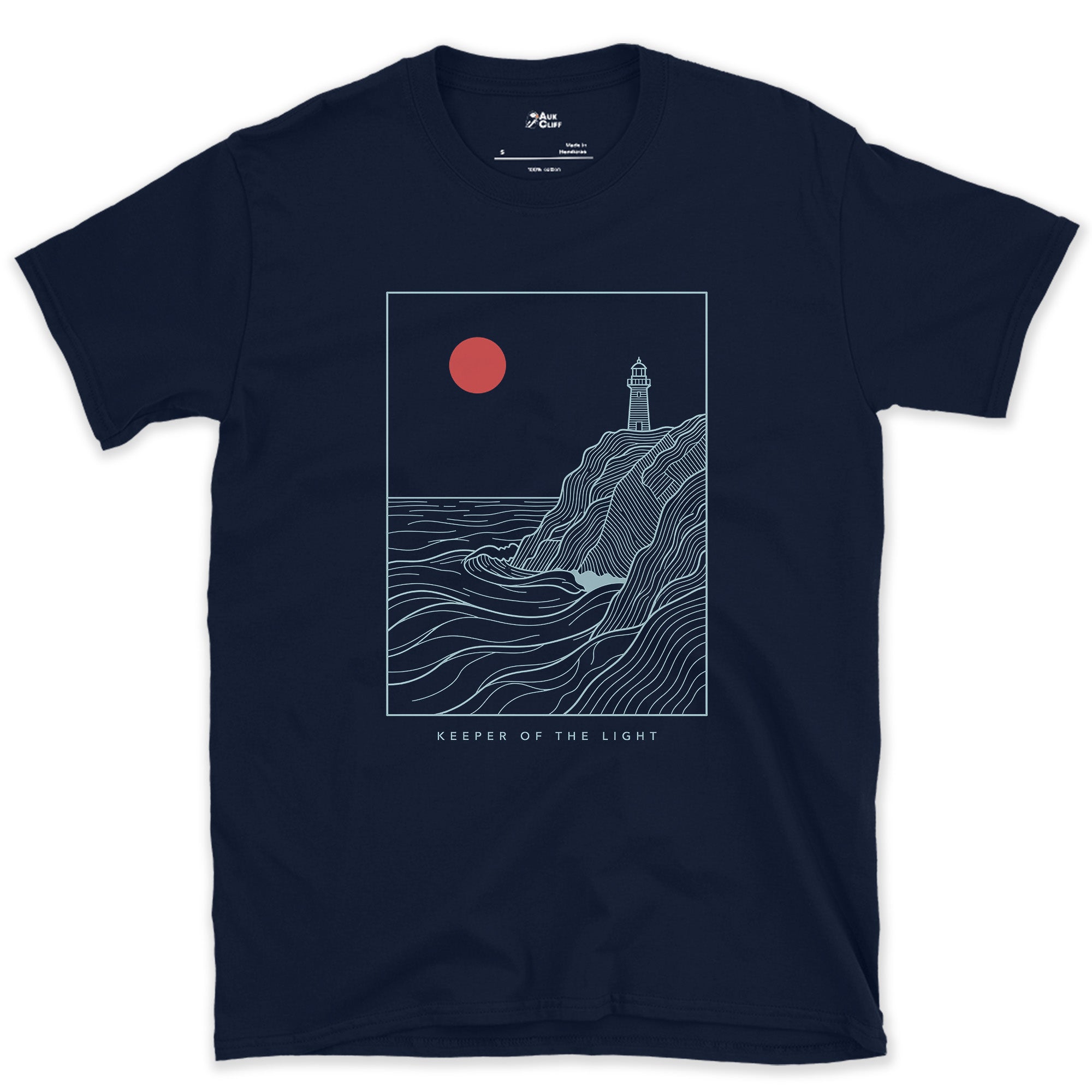 Keeper of the Light, Coastal Headland design on a Navy Gildan Softstyle t-shirt