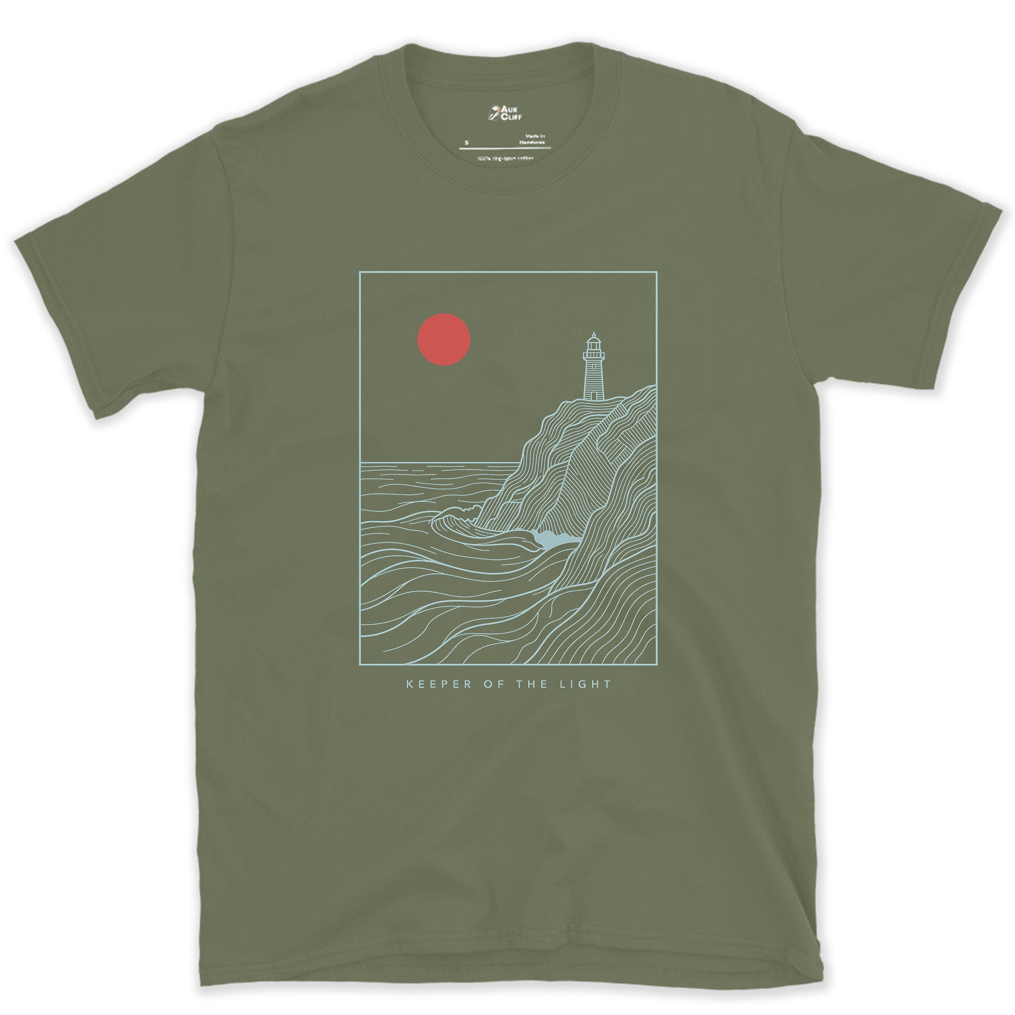 Keeper of the Light, Coastal Headland design on a Military Green Gildan Softstyle t-shirt