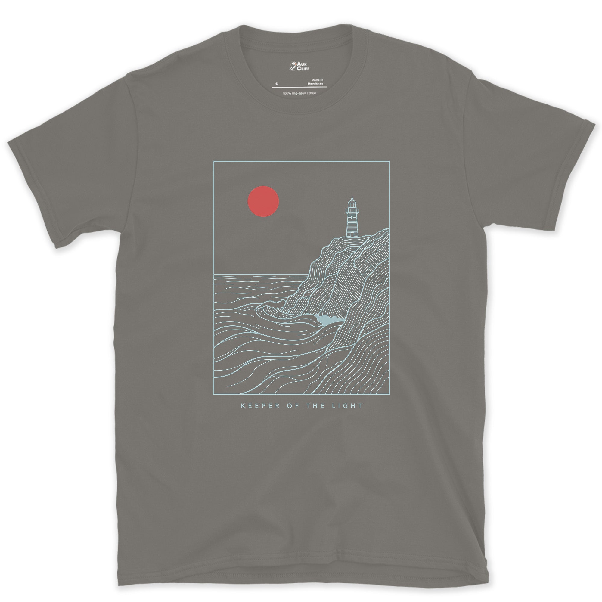 Keeper of the Light, Coastal Headland design on a Charcoal Gildan Softstyle t-shirt