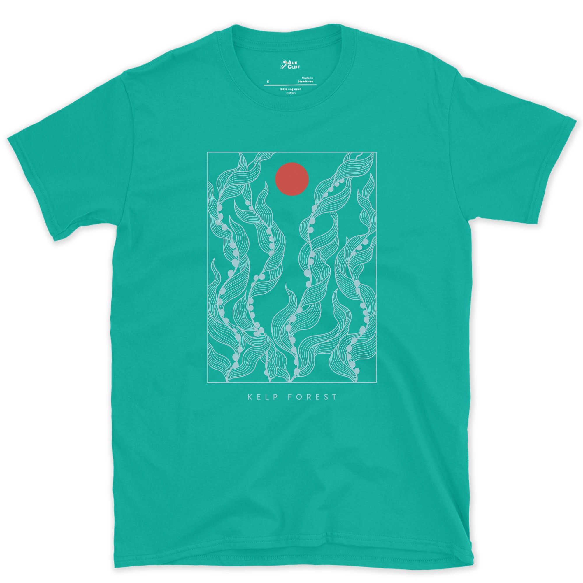 Kelp Forest, Rising Through Open Water design on a Jade Dome Gildan Softstyle t-shirt