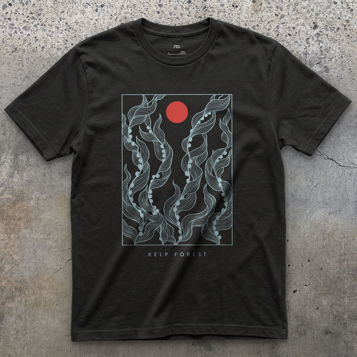 Kelp Forest, Rising Through Open Water design on a Black Gildan Softstyle t-shirt