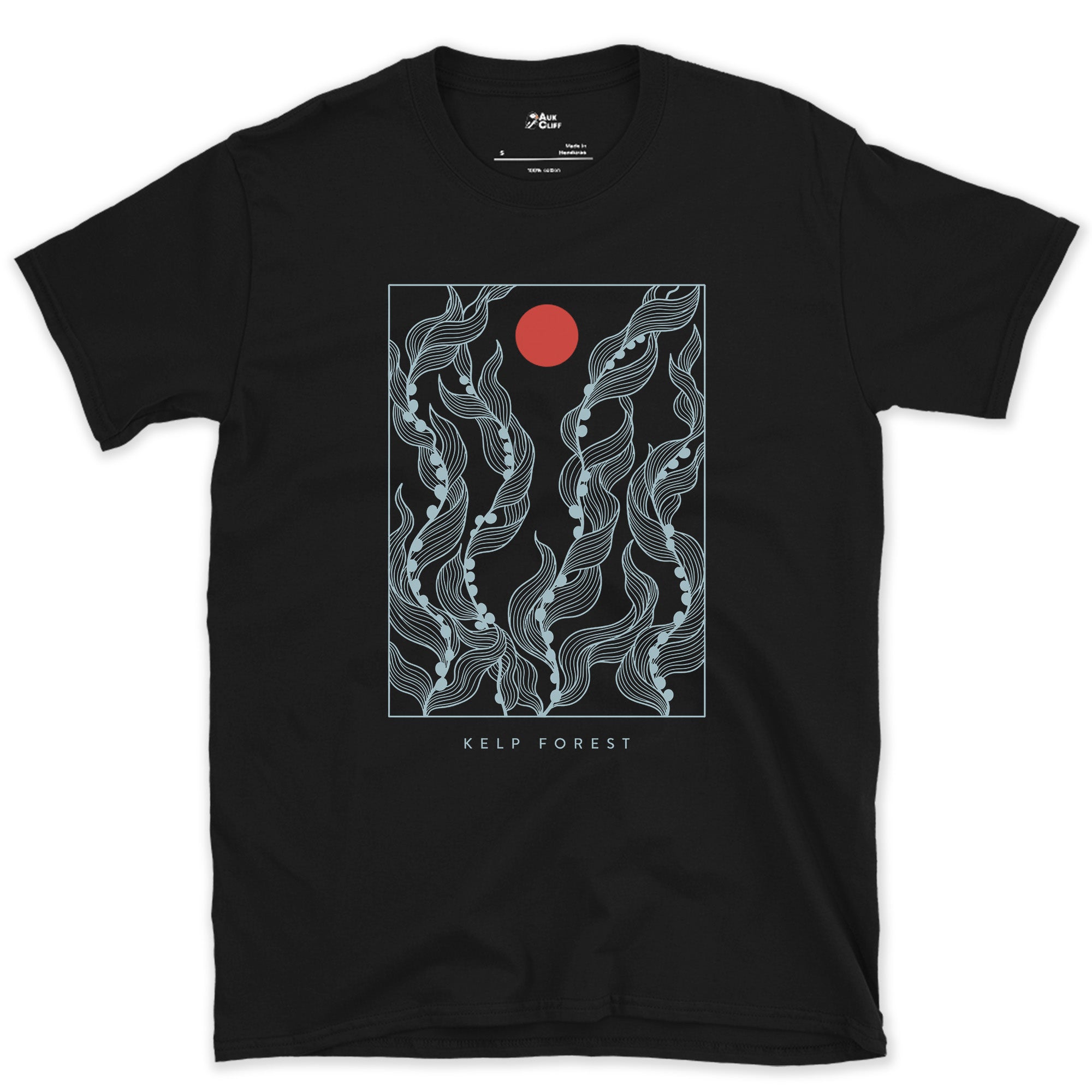 Kelp Forest, Rising Through Open Water design on a Black Gildan Softstyle t-shirt