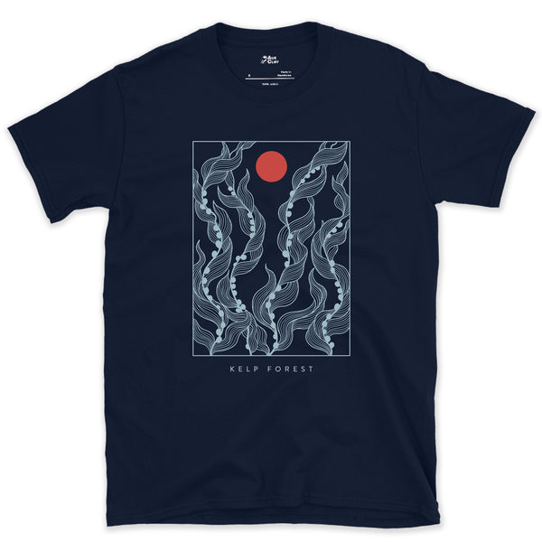Kelp Forest, Rising Through Open Water design on a Navy Gildan Softstyle t-shirt