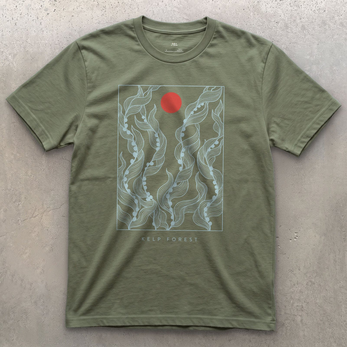 Kelp Forest, Rising Through Open Water design on a Military Green Gildan Softstyle t-shirt