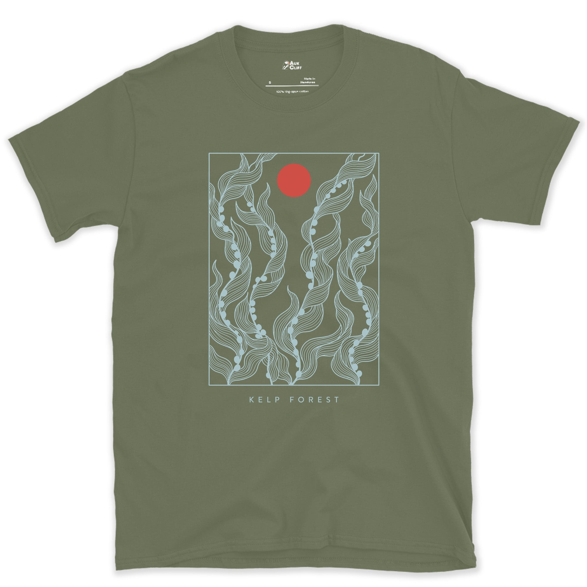 Kelp Forest, Rising Through Open Water design on a Military Green Gildan Softstyle t-shirt