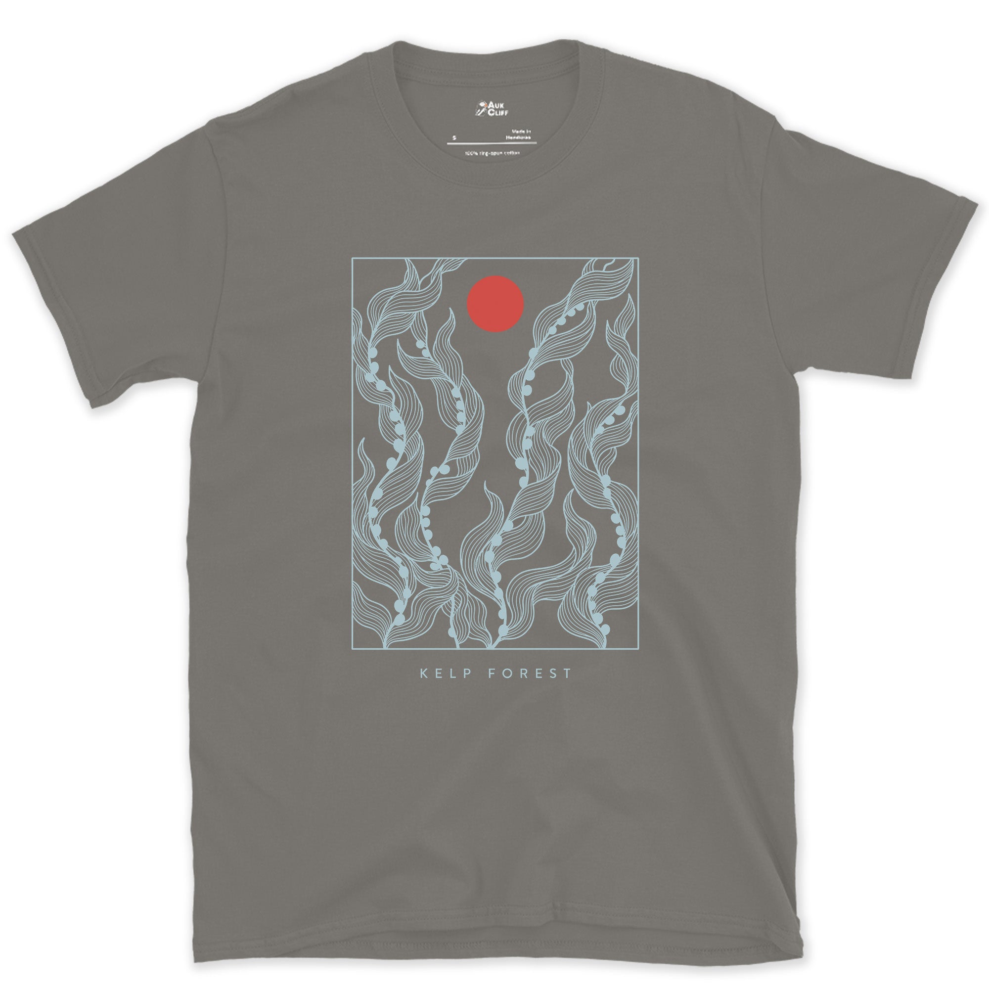 Kelp Forest, Rising Through Open Water design on a Charcoal Gildan Softstyle t-shirt