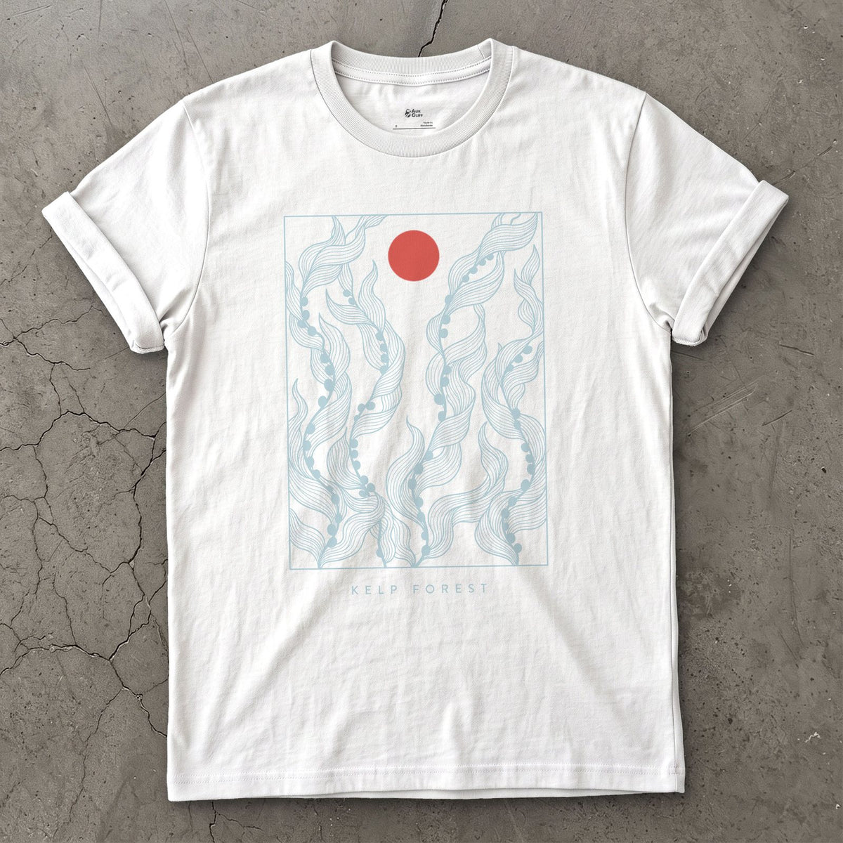 Kelp Forest, Rising Through Open Water design on a White Gildan Softstyle t-shirt