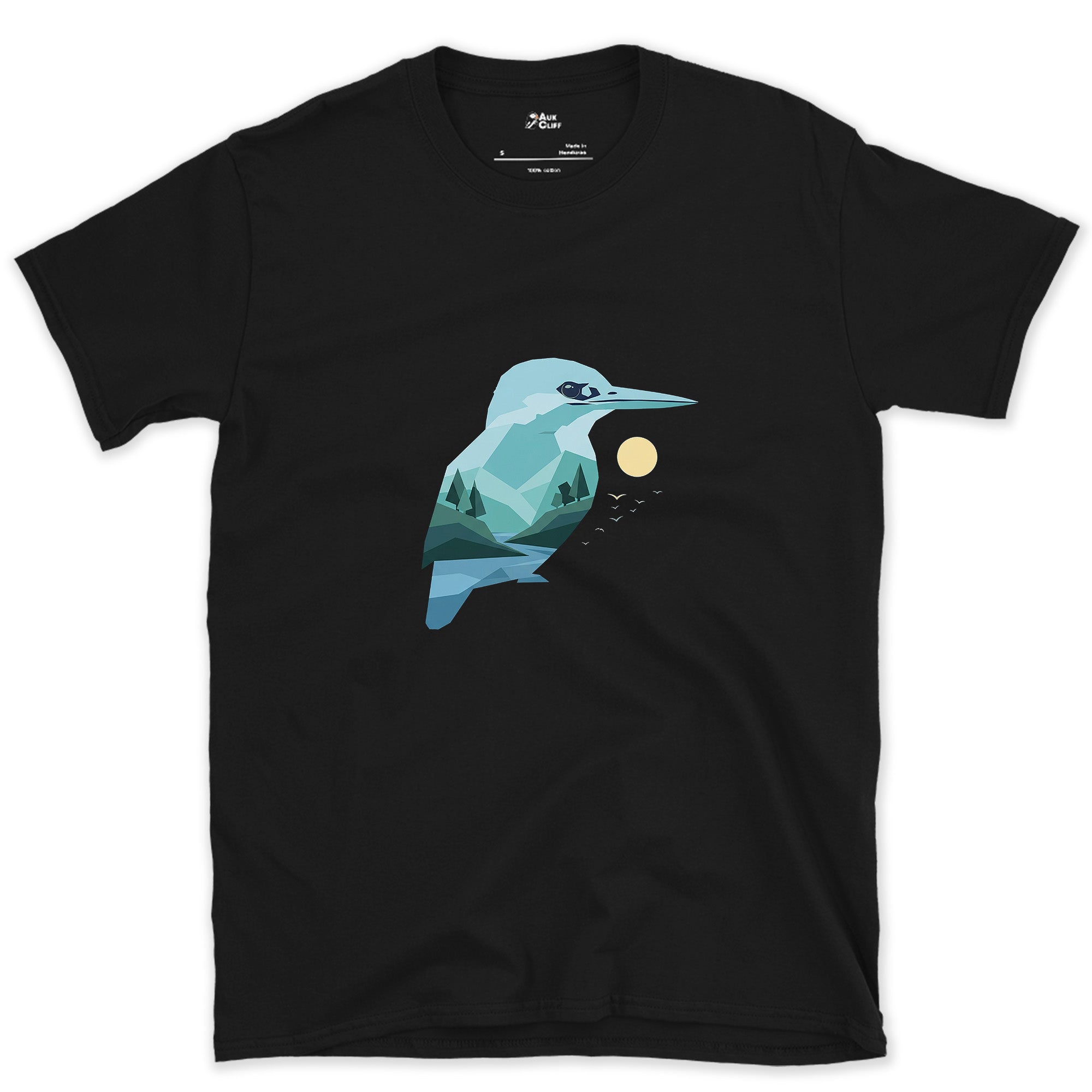 Kingfisher Built From the Same Angles design on a Black Gildan Softstyle t-shirt
