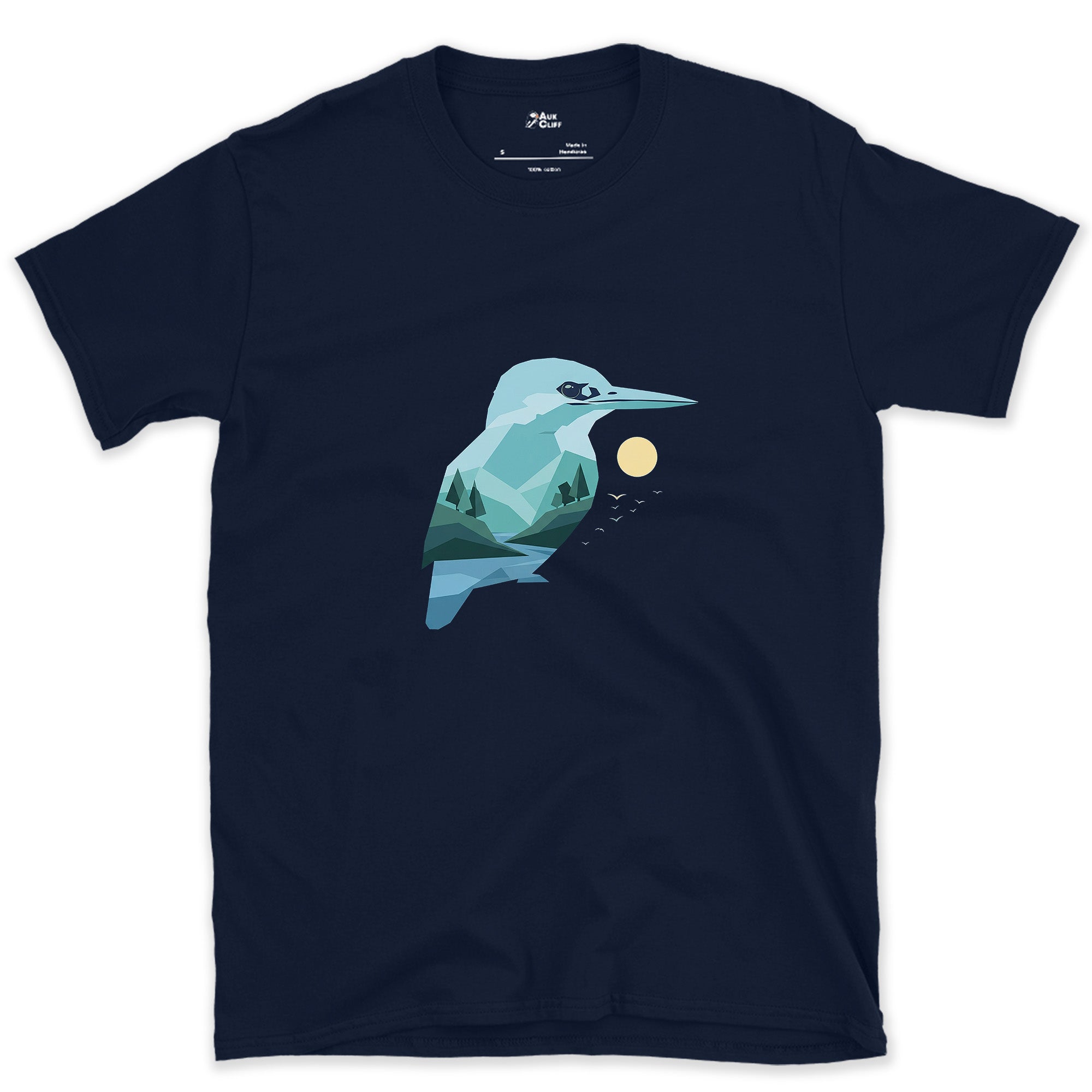 Kingfisher Built From the Same Angles design on a Navy Gildan Softstyle t-shirt