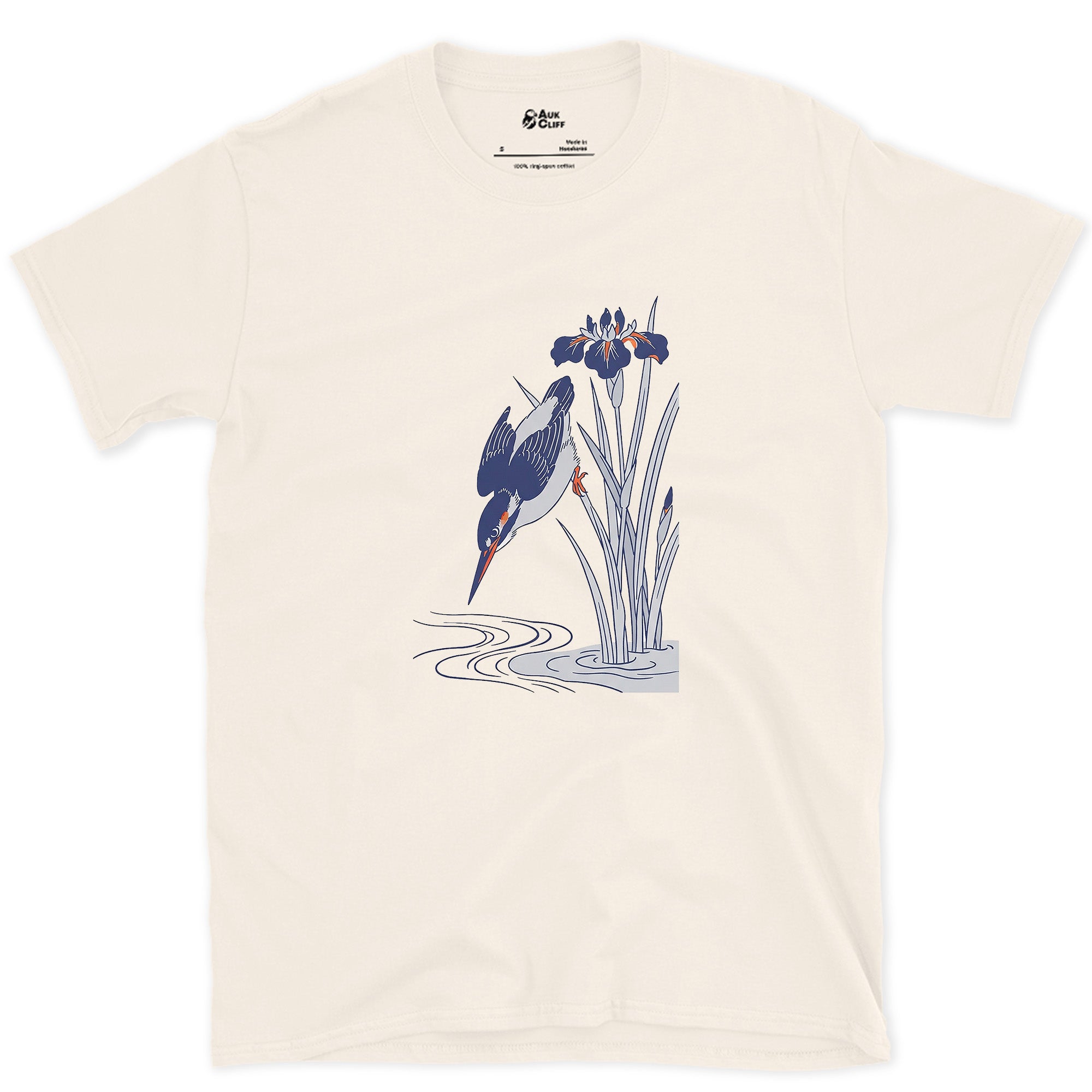Kingfisher and Irises, in the Kacho-ga Tradition design on a Natural Gildan Softstyle t-shirt