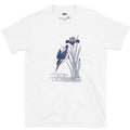 Kingfisher and Irises, in the Kacho-ga Tradition design on a White Gildan Softstyle t-shirt