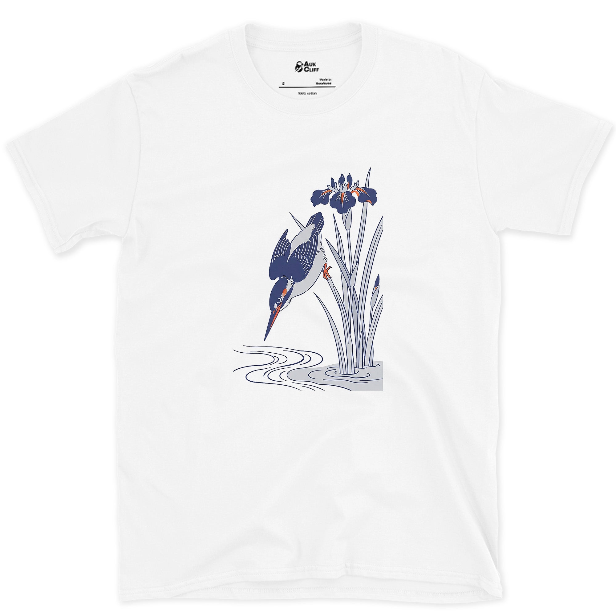Kingfisher and Irises, in the Kacho-ga Tradition design on a White Gildan Softstyle t-shirt