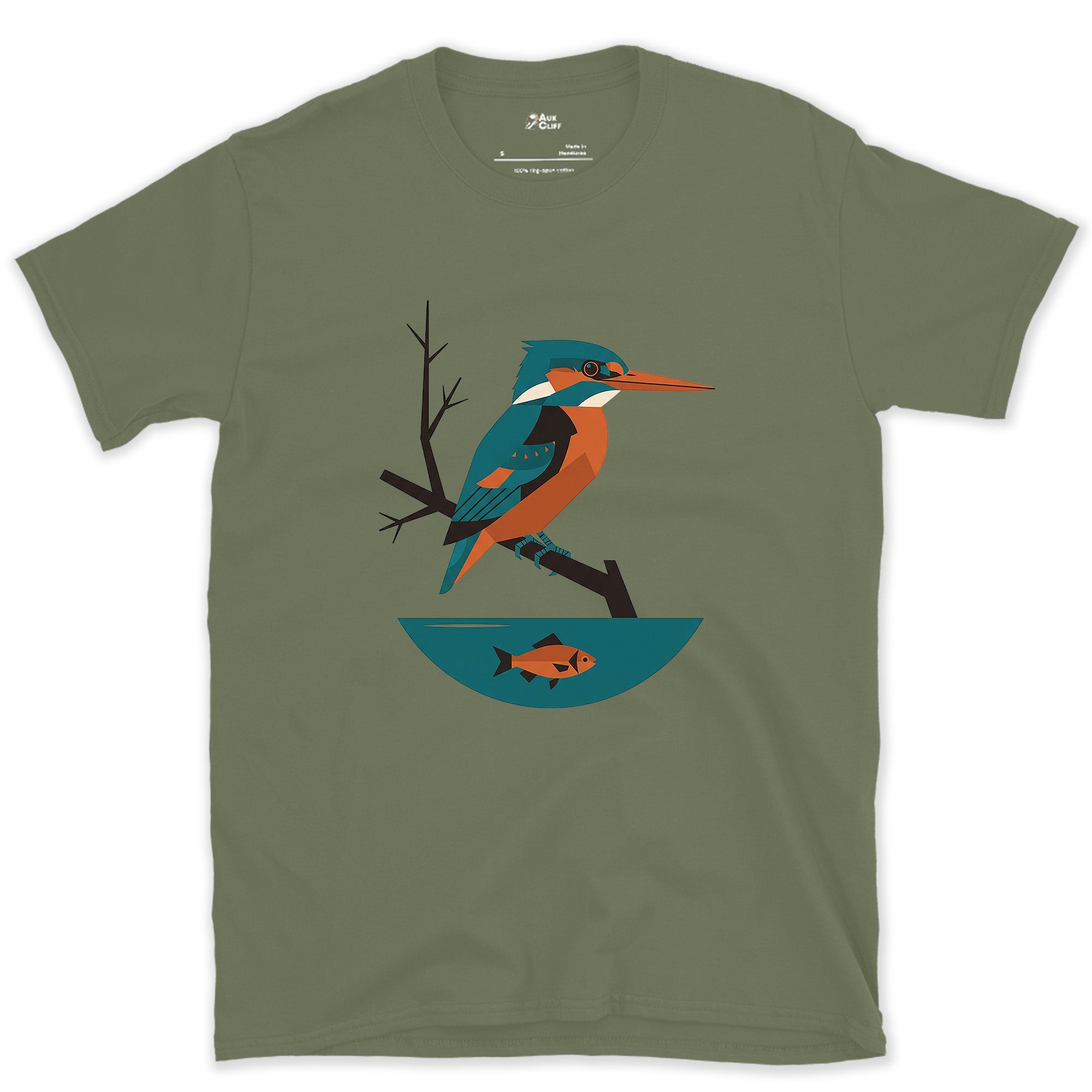 Faceted Kingfisher With Its Catch, Light design on a Military Green Gildan Softstyle t-shirt