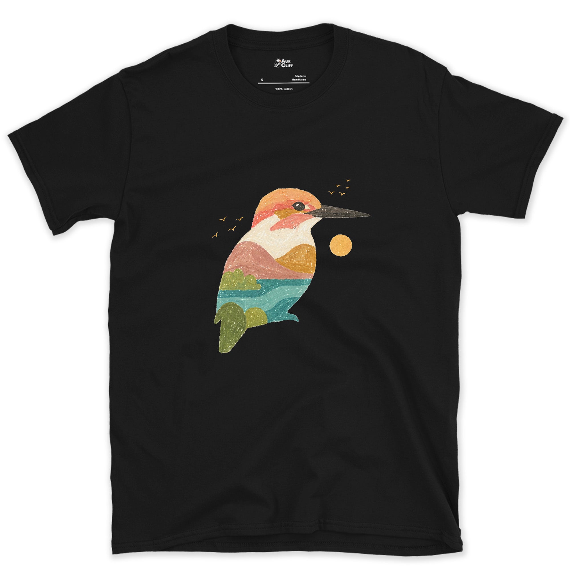 The Kingfisher Carrying a Second Scene Inside It design on a Black Gildan Softstyle t-shirt