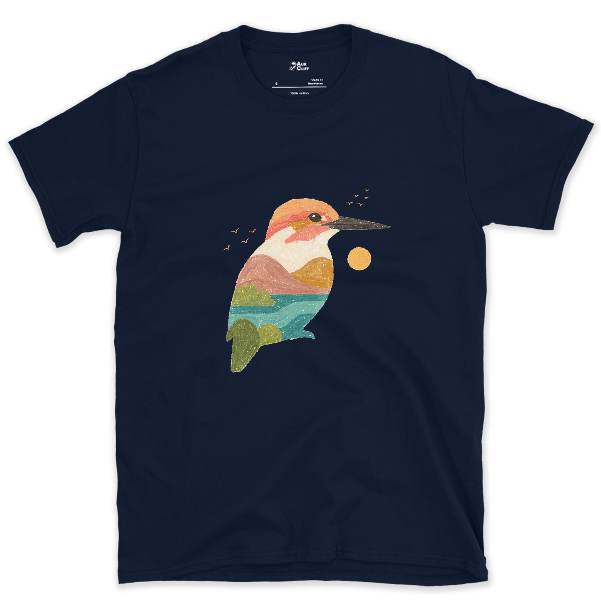 The Kingfisher Carrying a Second Scene Inside It design on a Navy Gildan Softstyle t-shirt