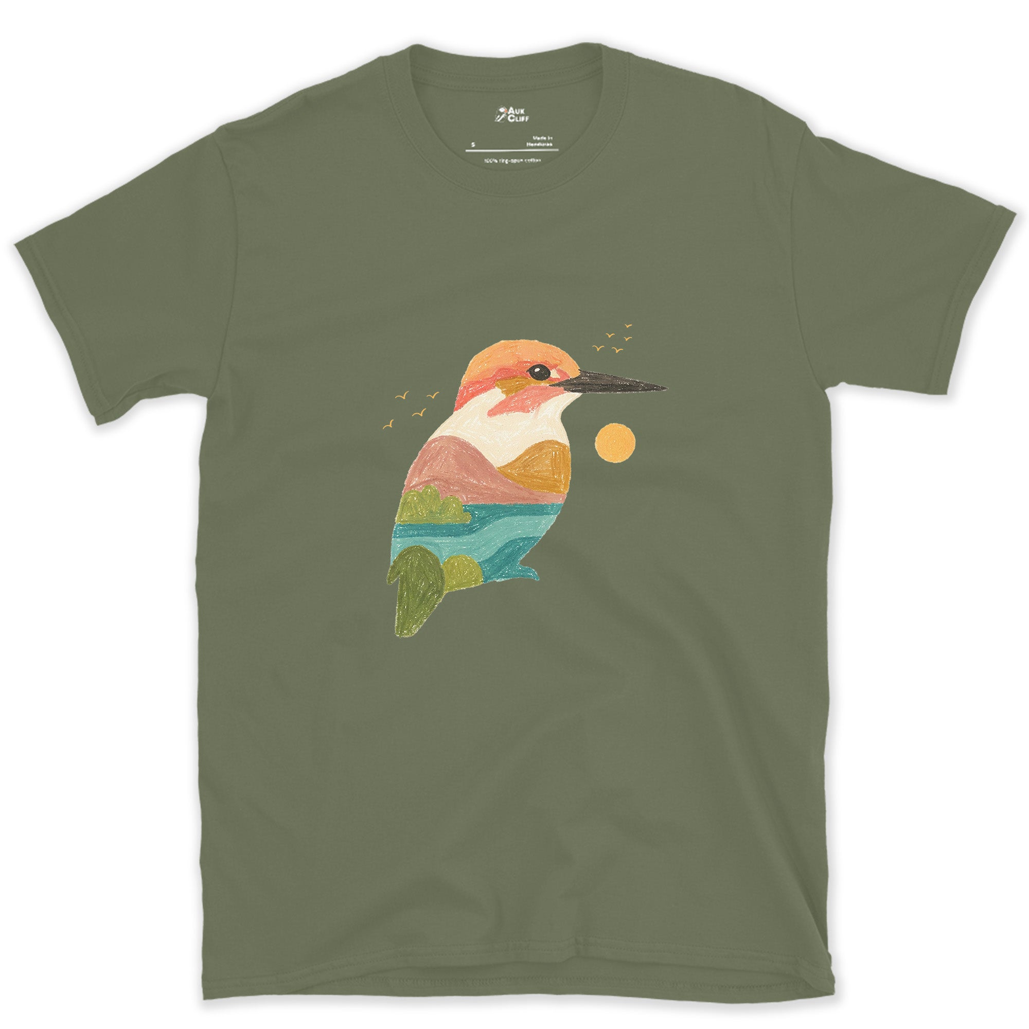 The Kingfisher Carrying a Second Scene Inside It design on a Military Green Gildan Softstyle t-shirt