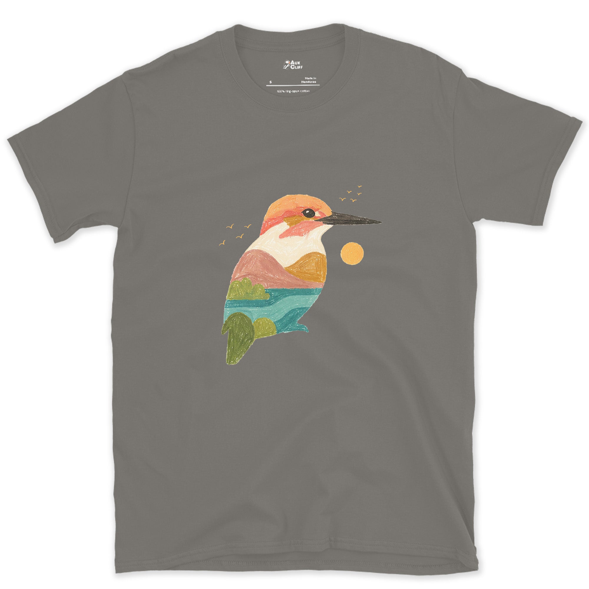 The Kingfisher Carrying a Second Scene Inside It design on a Charcoal Gildan Softstyle t-shirt