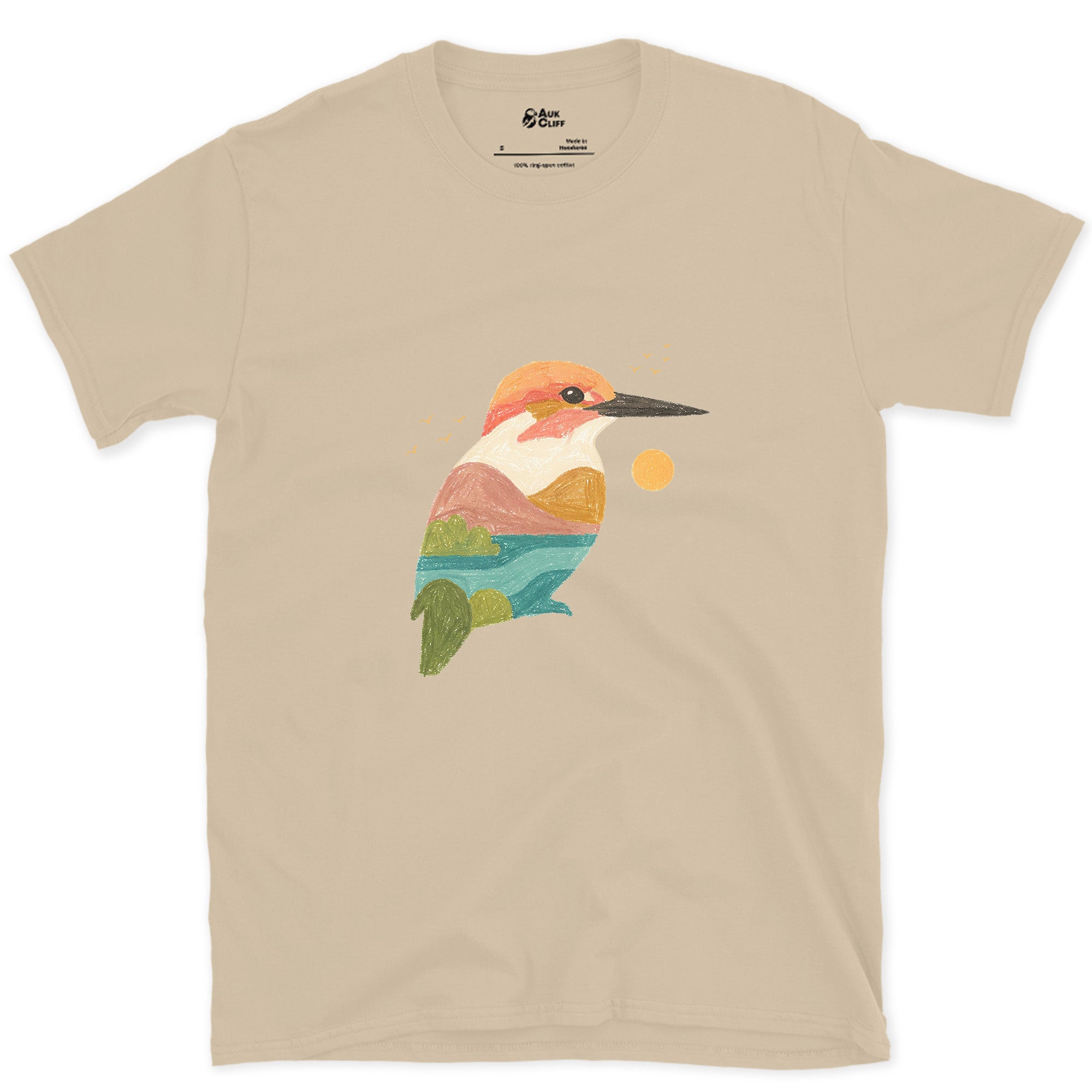 The Kingfisher Carrying a Second Scene Inside It design on a Sand Gildan Softstyle t-shirt