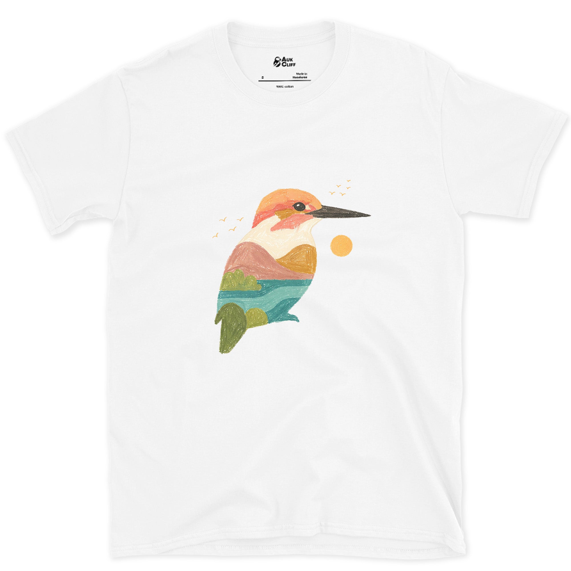 The Kingfisher Carrying a Second Scene Inside It design on a White Gildan Softstyle t-shirt