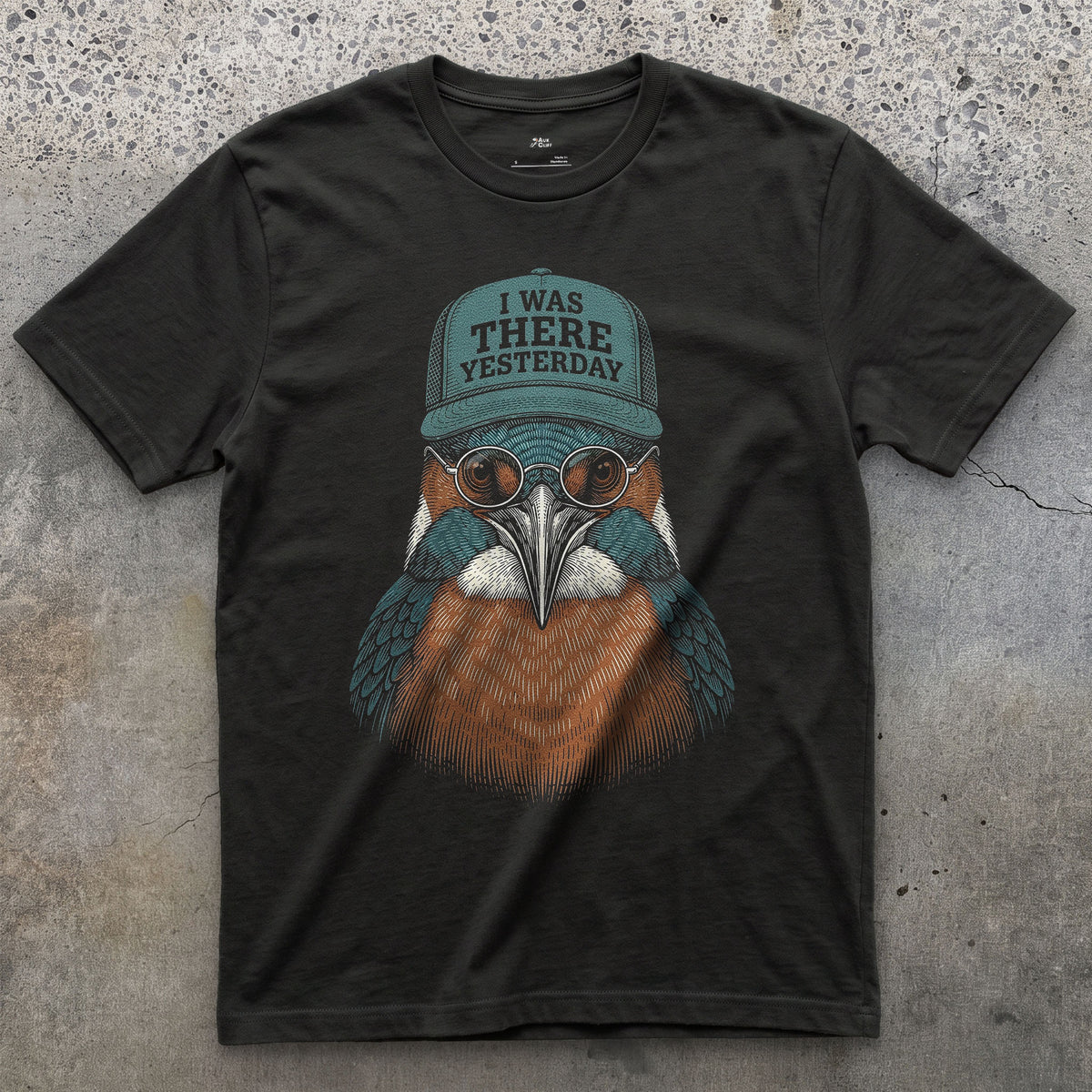 Missed the Shot, Kingfisher in a Trucker Cap design on a Black Gildan Softstyle t-shirt